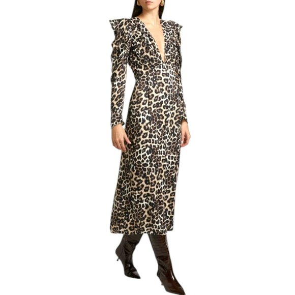 Farm Rio Leopard Print Midi Dress Long Sleeve Ruffle Shoulder Plunge V-Neck Sz S - Picture 1 of 10